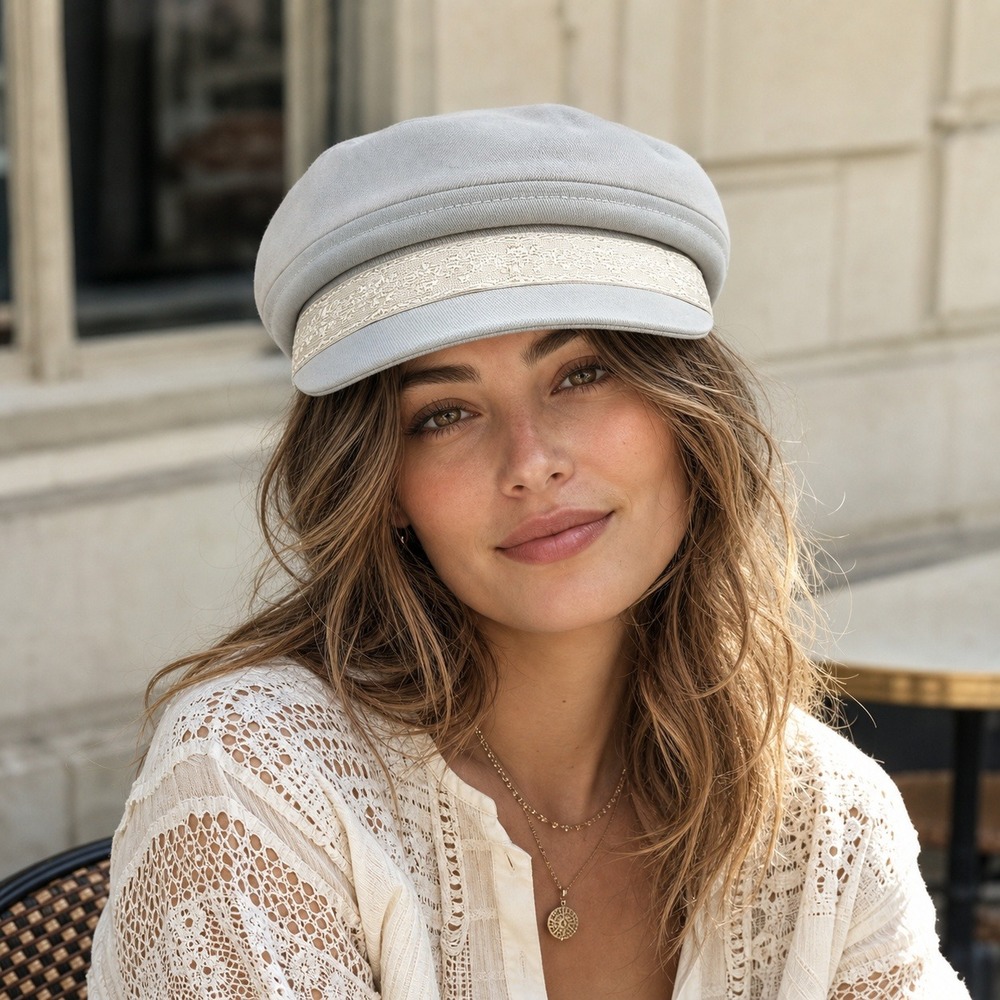 Free People Grey Taupe Greek Fisherman Hat Lace Trim Newsboy Cap NWT Size ALL